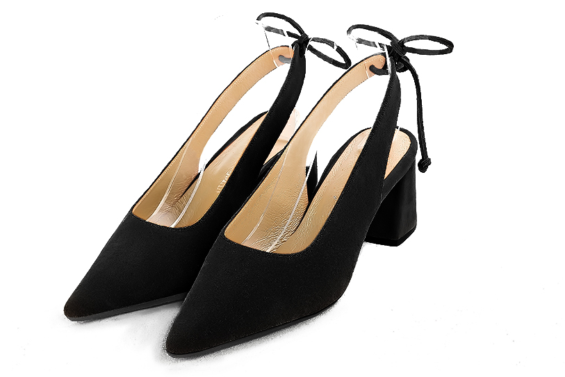 Matt black women's slingback shoes. Pointed toe. Medium flare heels. Front view - Florence KOOIJMAN